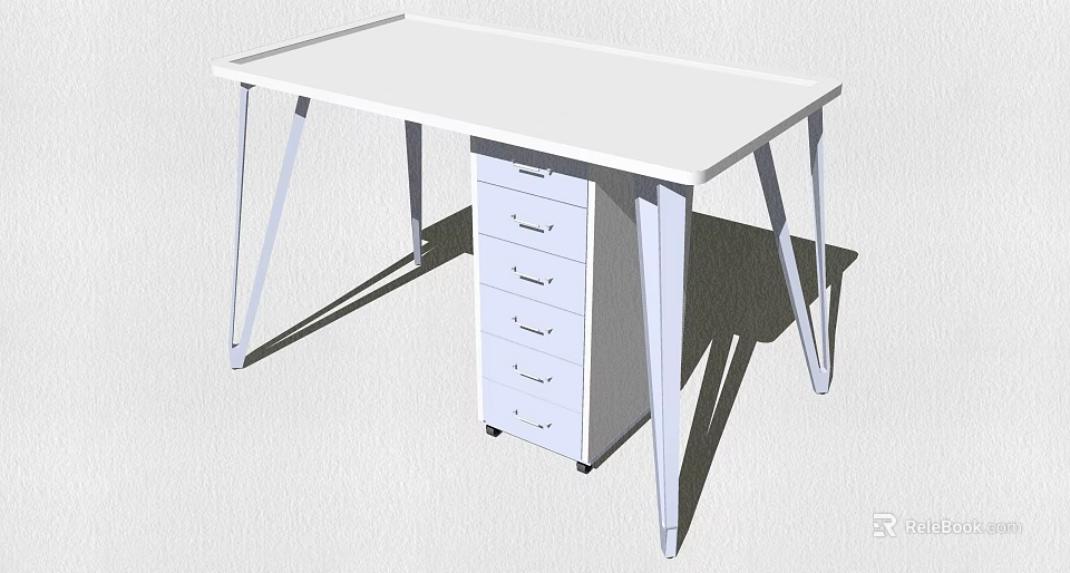 Modern Office Desk With White Tabletop Metal Legs And Five Drawer Cabinet 3d model 