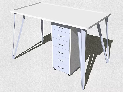 Modern Office Desk With White Tabletop Metal Legs And Five Drawer Cabinet 3d model