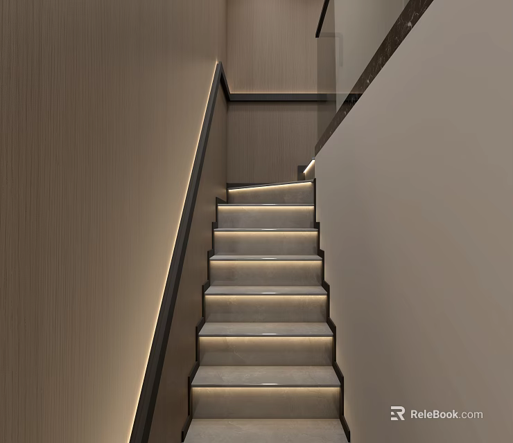 Modern Staircase Design With Wooden Handrail And LED Step Lighting 3d model 