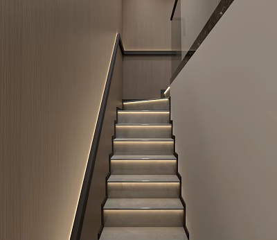 Modern Staircase Design With Wooden Handrail And LED Step Lighting 3d model