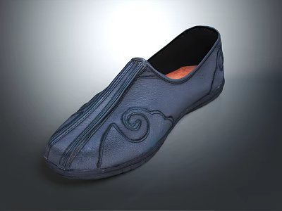 Black Leather Slip On Shoes With Swirl Pattern Stitching And Orange Lining 3d model