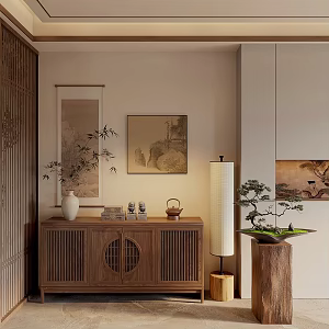 New Chinese Style Bucket Cabinet Floor Lamp Welcome Pine Potted Hanging Painting Decorative Cabinet 3d model