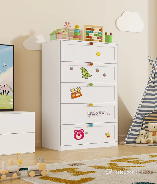 White Chest of Drawers in Kids Room With Colorful Stickers and Stuffed Toys 3d model 