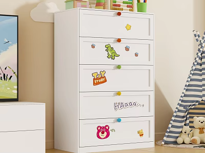 White Chest of Drawers in Kids Room With Colorful Stickers and Stuffed Toys 3d model
