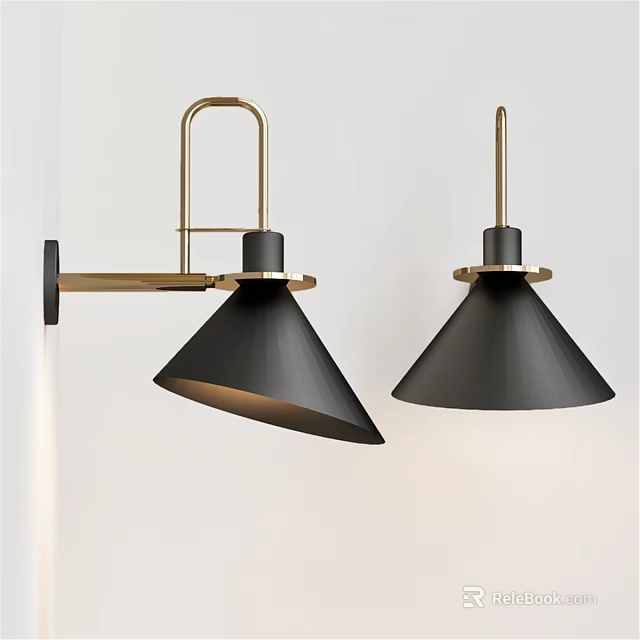 Modern Brass Wall Lamps With Black Conical Shades And Stylish Design 3d model 