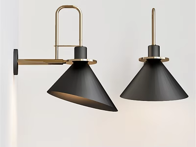 Modern Brass Wall Lamps With Black Conical Shades And Stylish Design 3d model