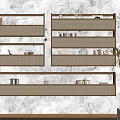 Wooden Wall Cabinets With Books Decorations And Baskets On Light Colored Wall Beside Green Plant