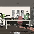 Modern Home Office Interior Design With White Desk Red Chair Potted Plant And Framed