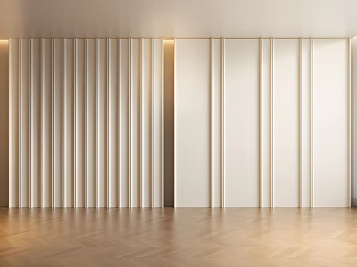Modern Interior With Vertical Panel Walls And Herringbone Wooden Floor 3d model