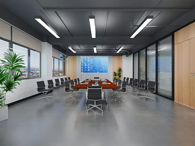Modern Conference Room Interior With Long Table Chairs Ceiling Lights Large Windows And Plants 3d model