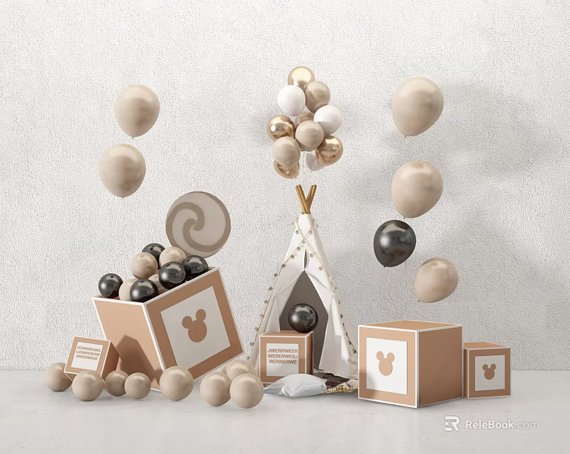 Inflatable Decorations with Beige Black Gold Balloons Mickey Pattern Boxes and Triangle Tent 3d model 