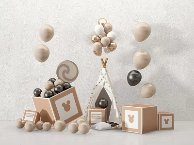 Inflatable Decorations with Beige Black Gold Balloons Mickey Pattern Boxes and Triangle Tent 3d model