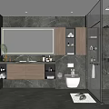 Modern Bathroom Design with Gray Tiles Large Mirror Wooden Cabinets Vanity Toilet And Glass Shower
