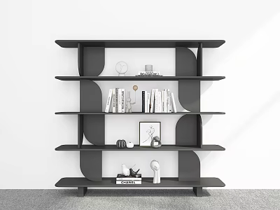 Black Modern Bookshelf With Multi Layered Shelves Books Clock And Decorative Items 3d model