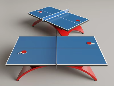 Blue Surface Ping Pong Table With Red Frame And Ping Pong Paddles For Fitness 3d model