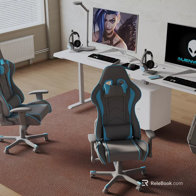 Modern Bookshelf Setup With Gaming Chairs Desk And Computer Monitors 3d model 