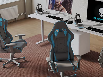 Modern Bookshelf Setup With Gaming Chairs Desk And Computer Monitors 3d model