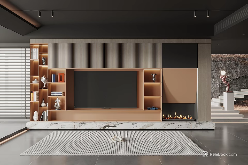 Modern TV Cabinet Design With LED Lights Wooden Panels And Marble Fireplace 3d model 