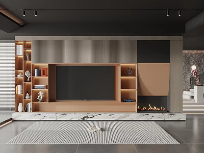 Modern TV Cabinet Design With LED Lights Wooden Panels And Marble Fireplace 3d model