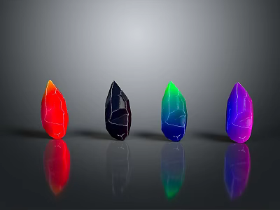 Four Colorful Reflective Plants In Red Black Green Purple On Gray Background 3d model