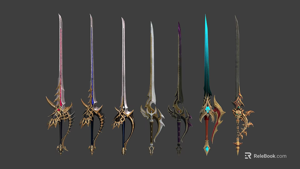 Ornate Decorative Swords With Intricate Patterns Colorful Gemstones And Unique Designs 3d model 
