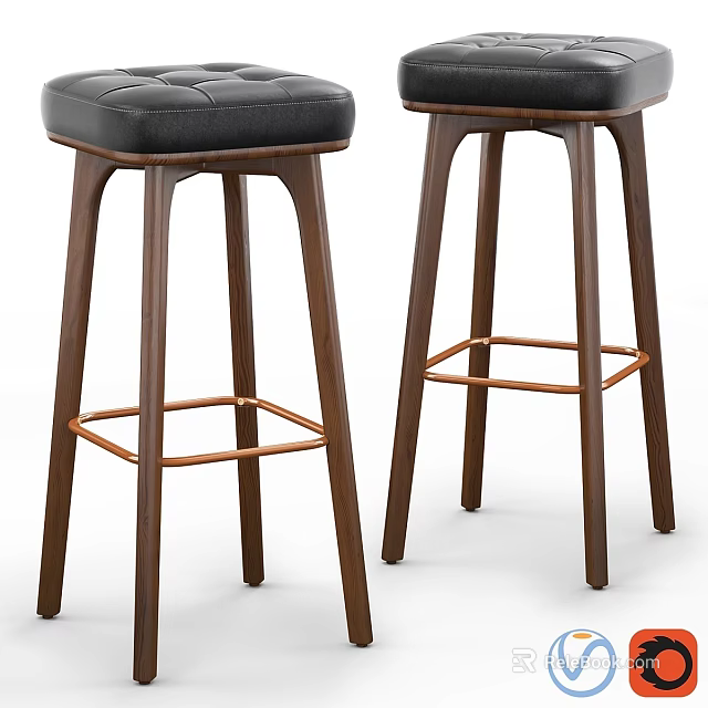 Modern Style Bar Stools With Black Cushioned Seat Wooden Legs And Footrest 3d model 