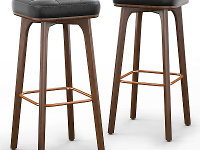 Modern Style Bar Stools With Black Cushioned Seat Wooden Legs And Footrest 3d model