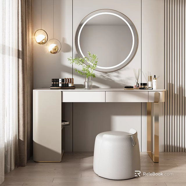 Elegant Modern Dressing Table Interior With Round Mirror Green Plant And White Stool 3d model 