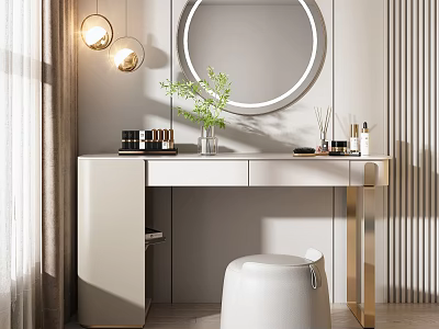 Elegant Modern Dressing Table Interior With Round Mirror Green Plant And White Stool 3d model