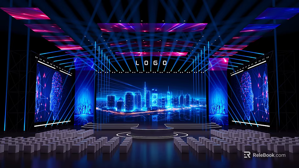 Modern Stage Setup With Colorful Lighting City Night View Backdrop Arranged Seats And Logo Above 3d model 