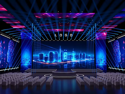 Modern Stage Setup With Colorful Lighting City Night View Backdrop Arranged Seats And Logo Above 3d model
