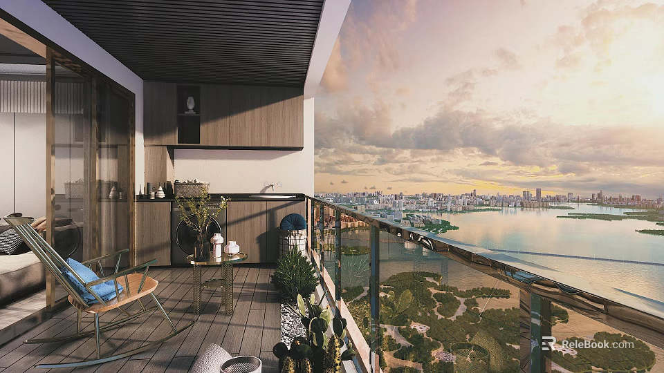Modern Residential Building Balcony With Panoramic City Skyline And Sea View Outdoor Design 3d model 