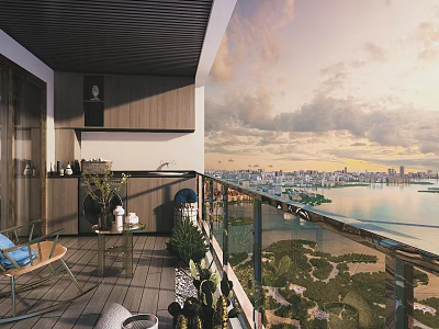 Modern Residential Building Balcony With Panoramic City Skyline And Sea View Outdoor Design 3d model