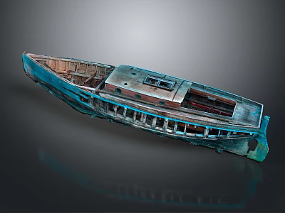 Vintage Old Boat With Blue Green Rusty Hull And Visible Interior Windows 3d model