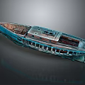 Vintage Old Boat With Blue Green Rusty Hull And Visible Interior Windows
