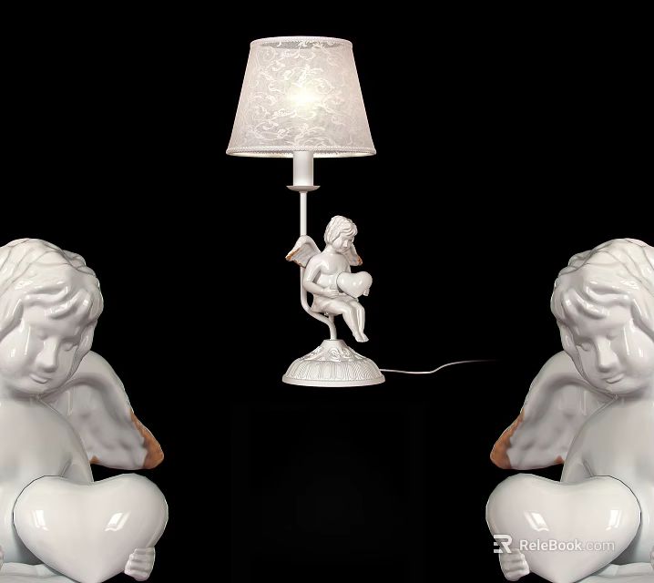 Unique Angel Themed Table Lamp With White Lace Lampshade And Ceramic Base 3d model 