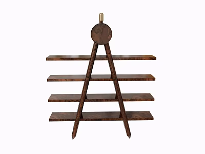 Rustic Wooden Bookcase With Multiple Shelves Triangular Frame And Circular Top Design 3d model