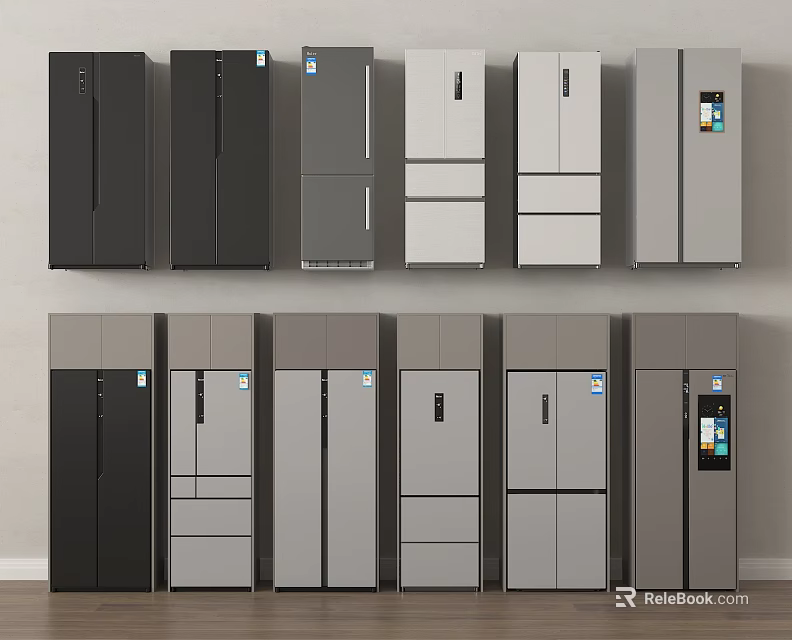 Assorted Modern Refrigerators Freezers With Various Door Styles Black Gray White Colors 3d model 