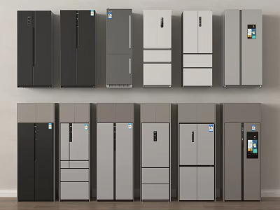 Assorted Modern Refrigerators Freezers With Various Door Styles Black Gray White Colors 3d model