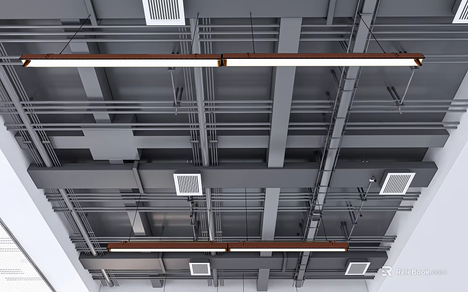 Industrial Ceiling Structure With Metal Framework Pipes Ventilation Grilles And Linear Lights 3d model 