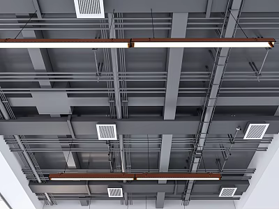 Industrial Ceiling Structure With Metal Framework Pipes Ventilation Grilles And Linear Lights 3d model