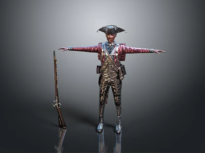 Historical Military Figure In Uniform With Tricorn Hat Arms Outstretched And Standing By Musket 3d model