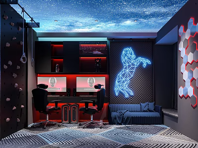Modern Gaming Room With Starry Ceiling Rock Climbing Wall And Neon Animal Design 3d model