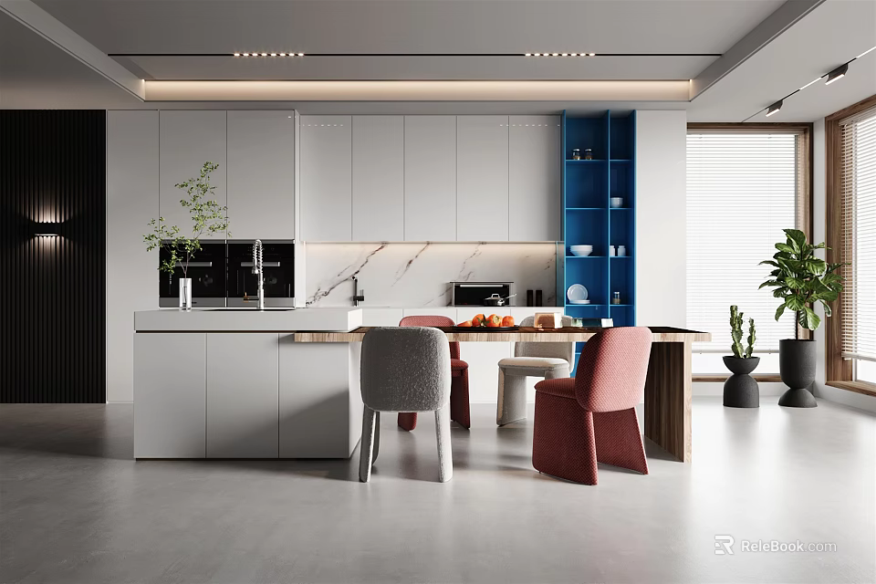 Modern Restaurant Dining Space With White Cabinets Blue Shelves Island Table Chairs And Plants 3d model 