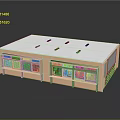 Cartoon Scene Modern Building Featuring Flat Roof Skylights Large Glass Windows and Brown Walls