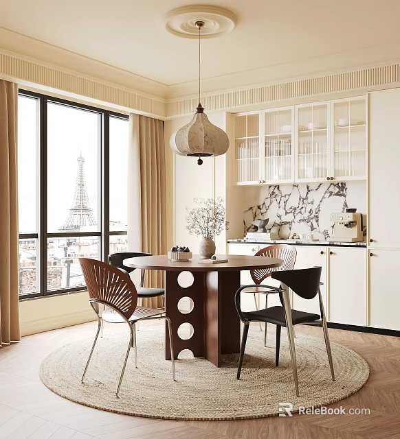 Elegant Restaurant Dining Area With Round Table Chairs Pendant Lamp And Eiffel Tower View 3d model