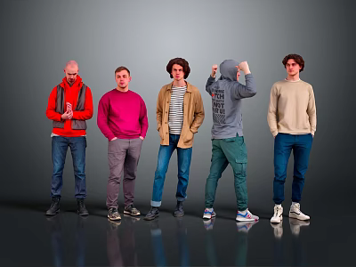 Five Men Standing Together in Casual Wear with Various Colored Tops on Gray Background 3d model