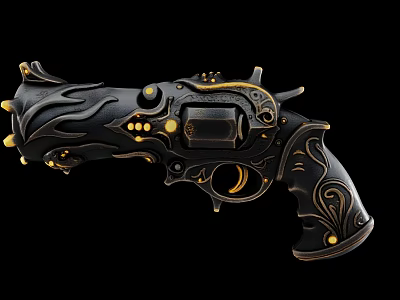 Ornate Black and Gold Revolver With Intricate Patterns and Steampunk Design Elements 3d model
