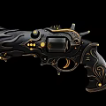 Ornate Black and Gold Revolver With Intricate Patterns and Steampunk Design Elements
