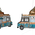 Vintage Blue And White Ice Cream Truck With Large Cones On Top